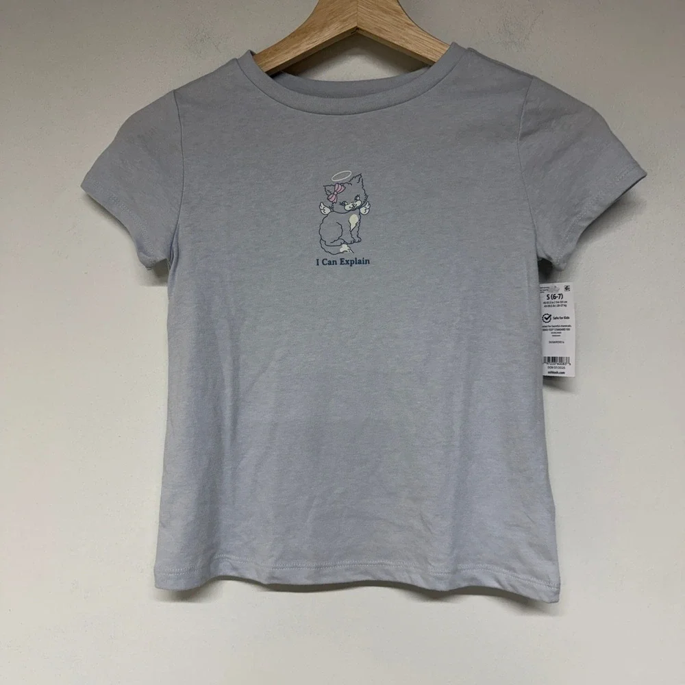 OshKosh Bgosh Girls Light Blue Cat Angel Graphic Tee Shirt Size S 6-7